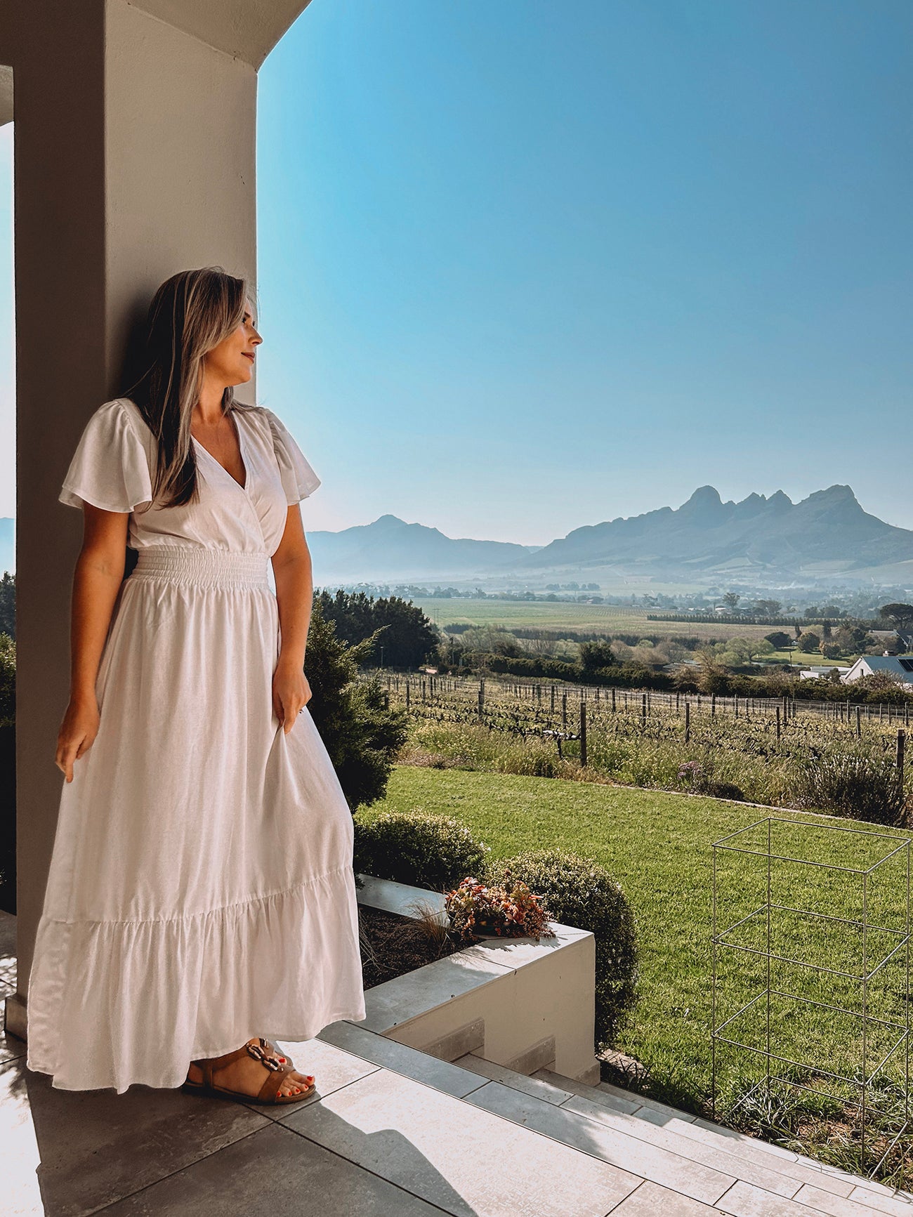 Womens Knotted Sleeve Maxi Tier Dress - White Linen