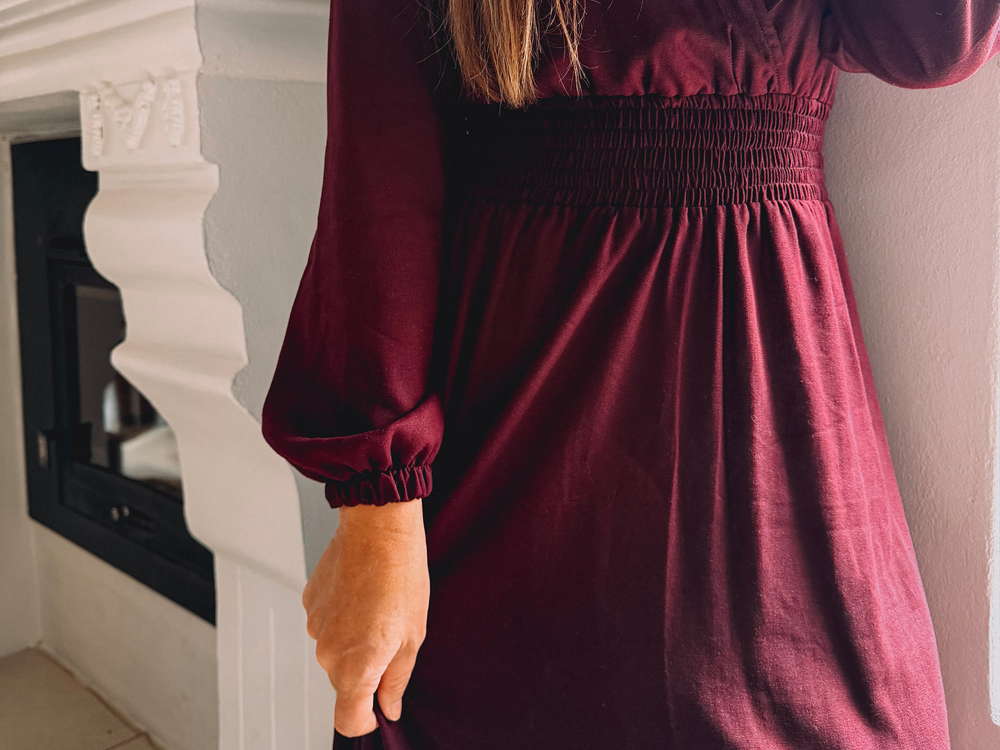 Womens Long Sleeve Maxi Tier Dress - Black Cherry