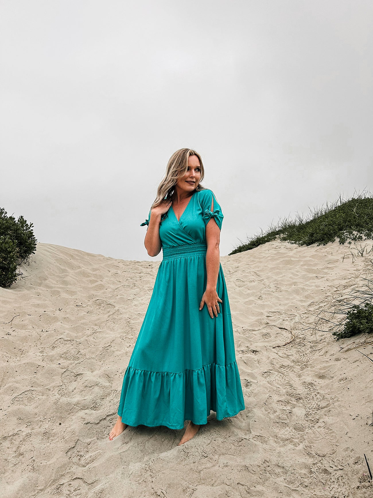 Womens Knotted Sleeve Maxi Tier Dress - Aquamarine