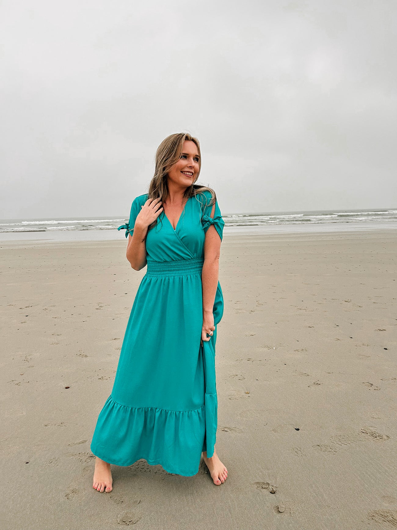 Womens Knotted Sleeve Maxi Tier Dress - Aquamarine