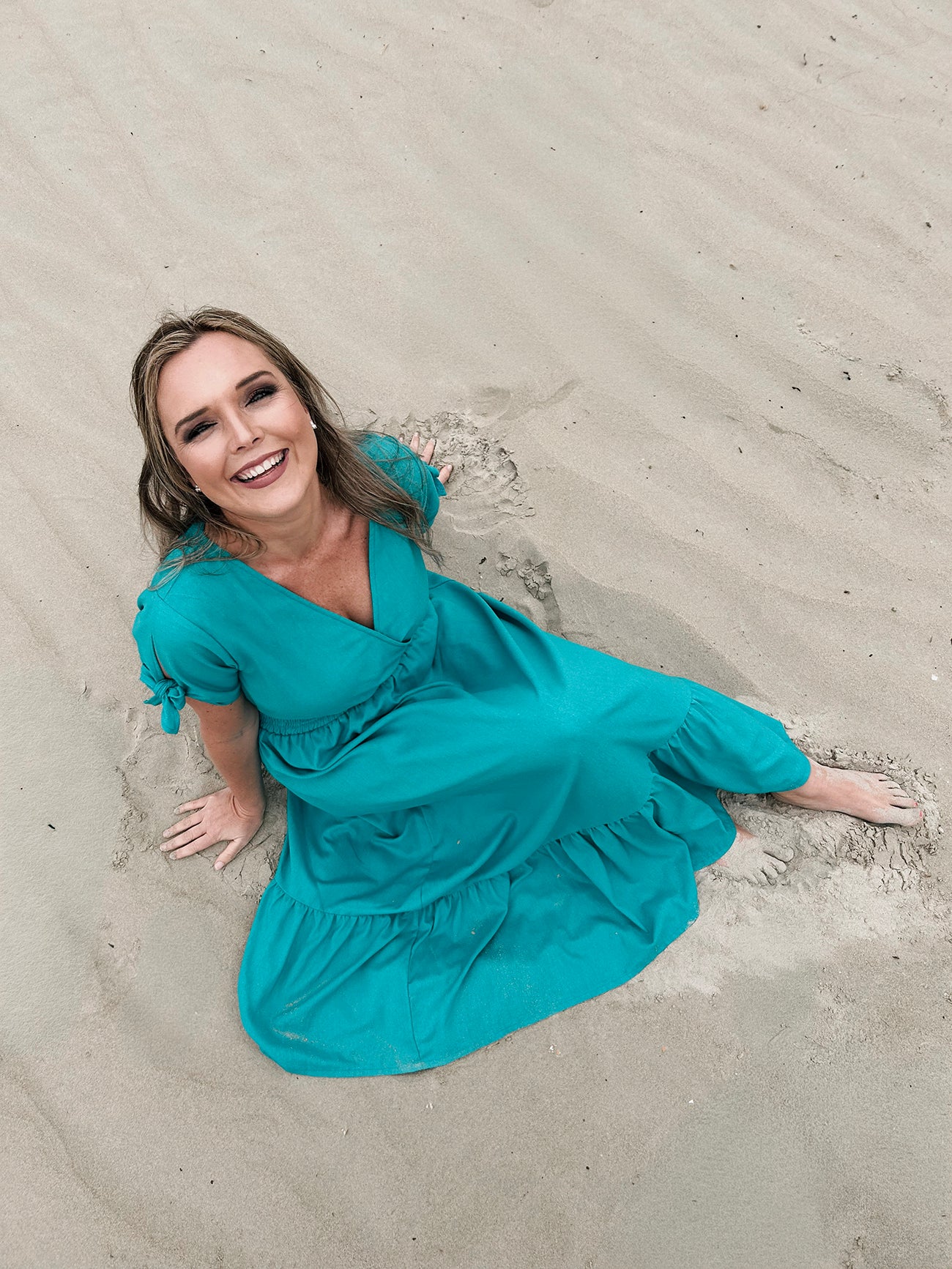 Womens Knotted Sleeve Maxi Tier Dress - Aquamarine