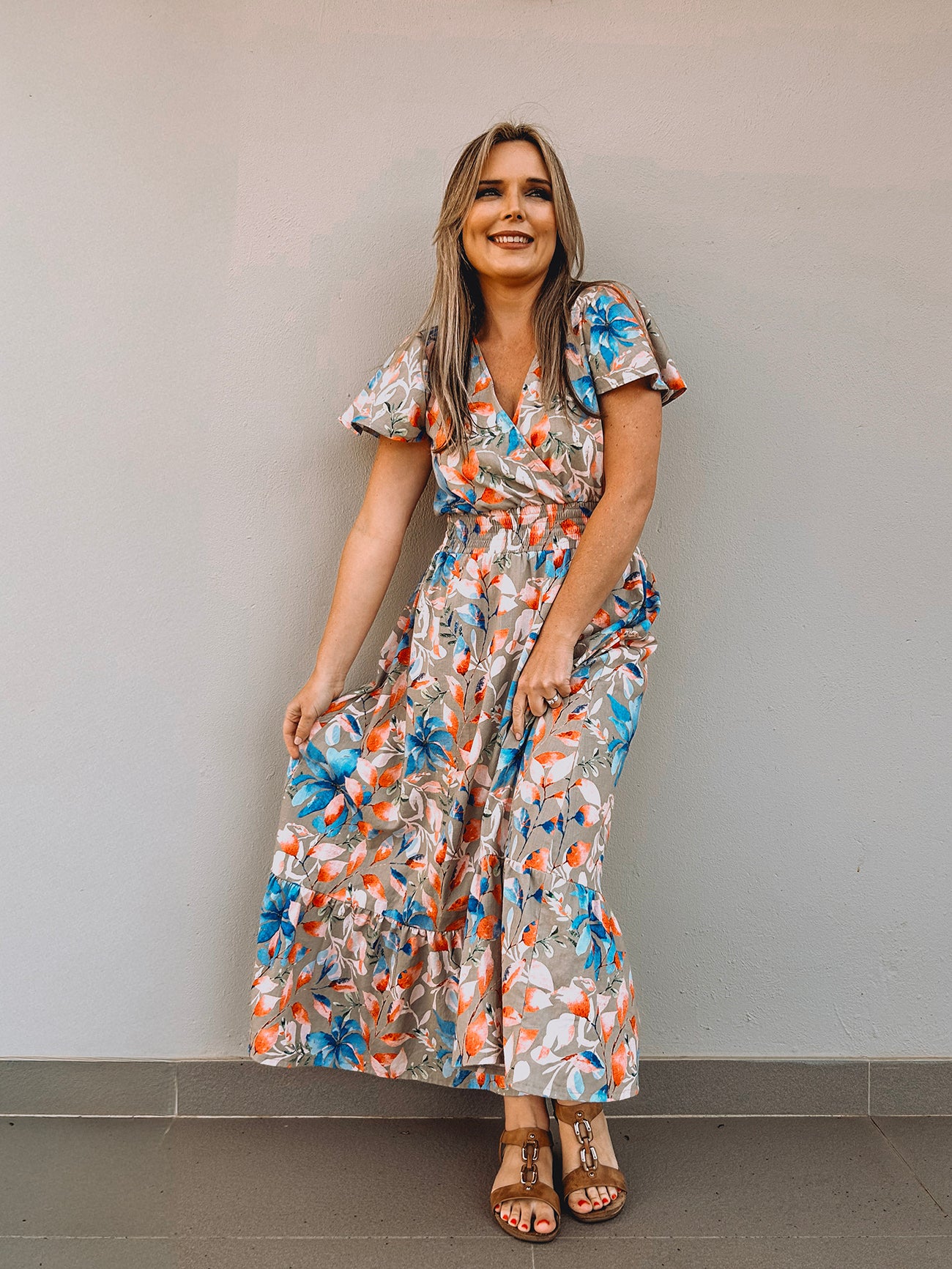 Womens Short sleeve Maxi Tier Dress - Wheat Harvest Floral (limited edition)