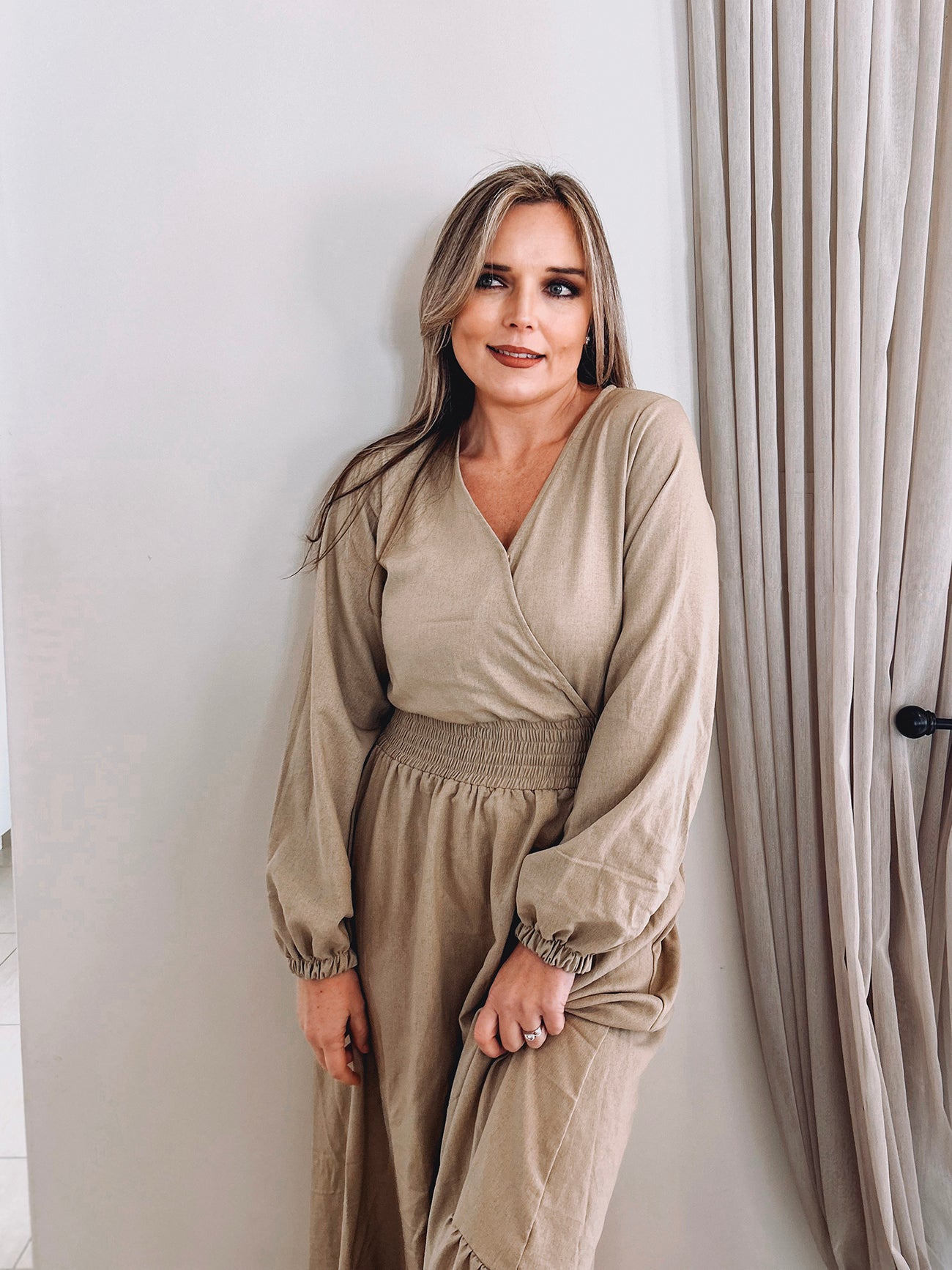 Womens Long Sleeve Maxi Tier Dress - Wheat Harvest