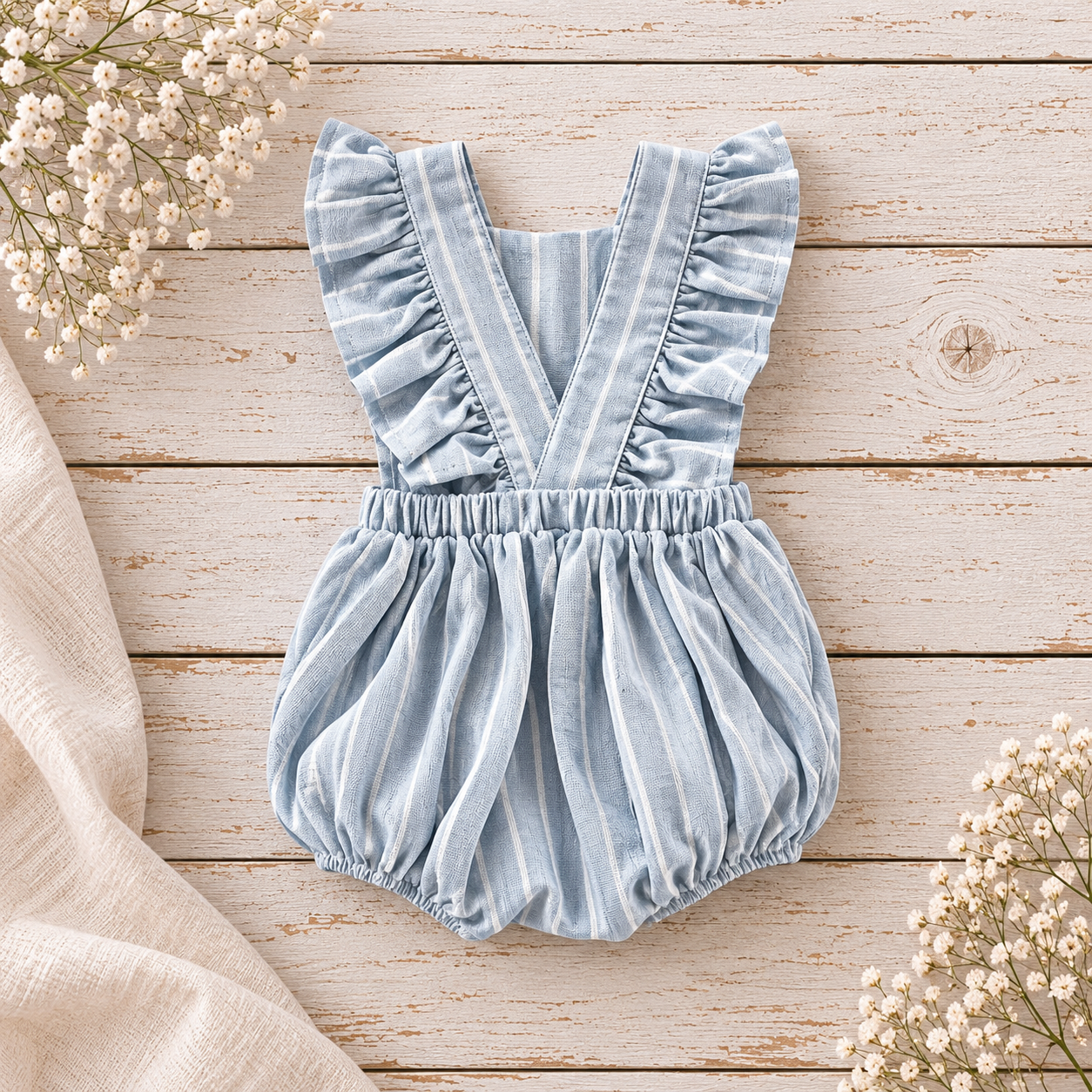 Resort Blue/White Frilly Dungaree Romper (onesie + accessories sold separately)