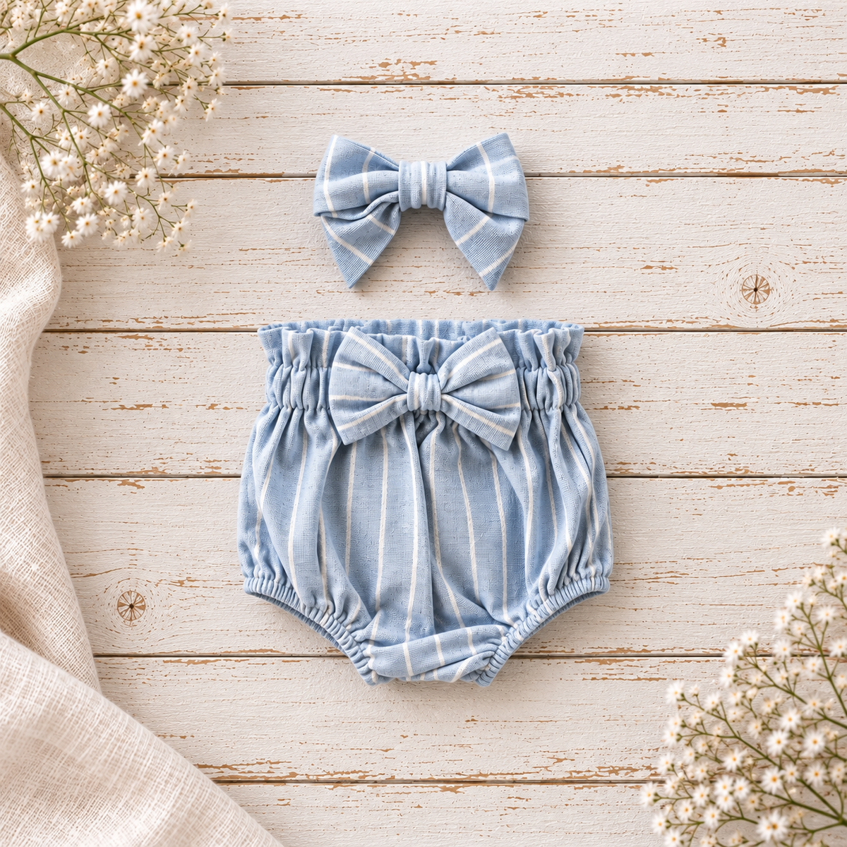 Resort Blue/White high waist Bloomer with bow (onesie + accessories sold separately)