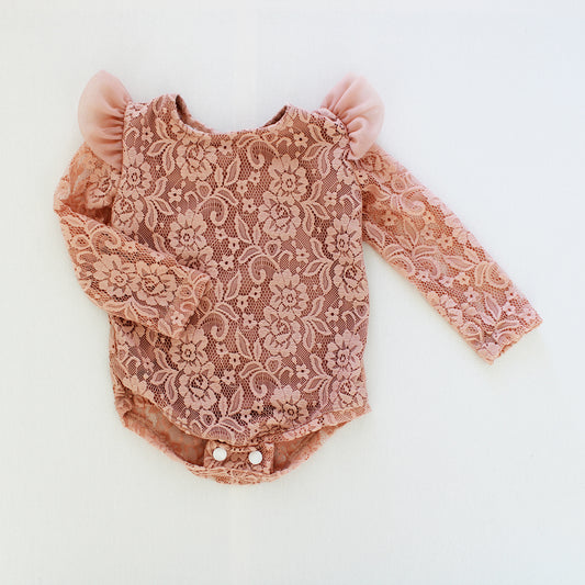 Antoinette Lace Onesie - long sleeve - Antique Rose