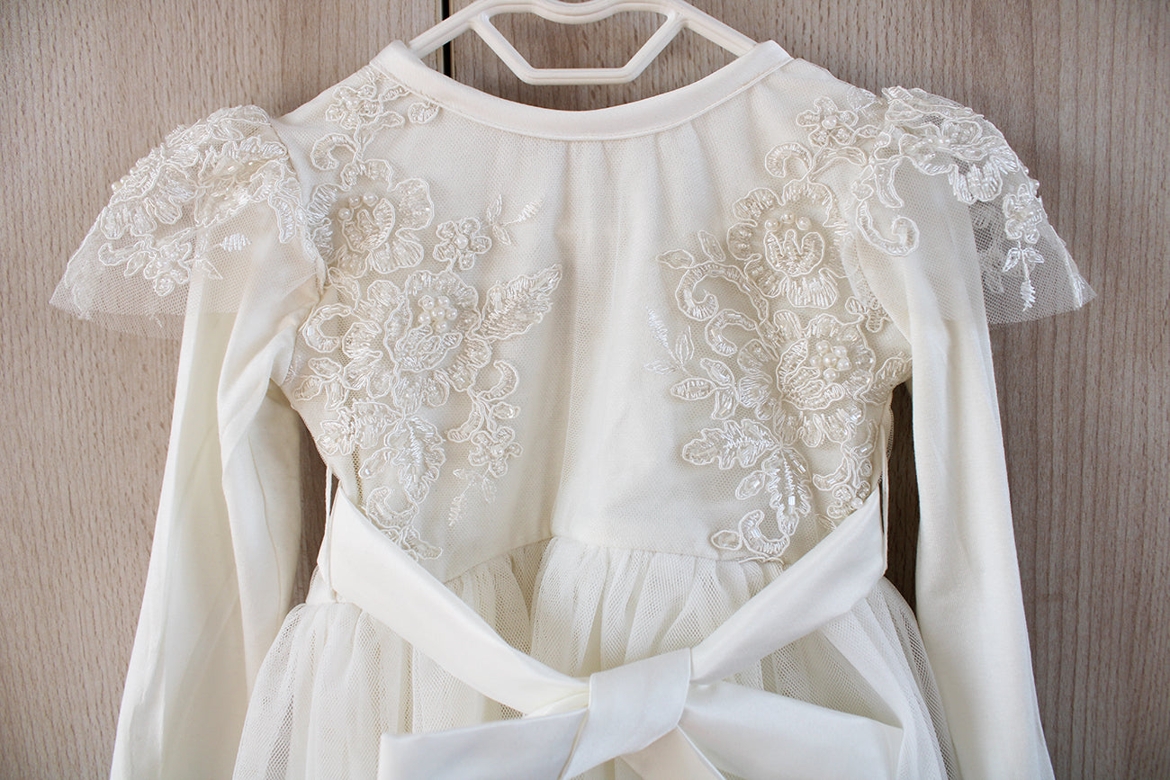 Elizabeth Beaded Lace long-sleeve off-white Dress (headband included)