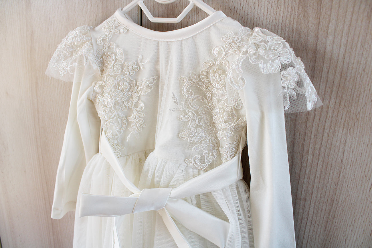 Elizabeth Beaded Lace long-sleeve off-white Dress (headband included)