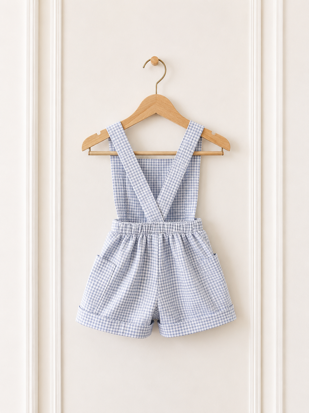 Check Blue/White Suspender shorts (accessories + onesie sold separately)
