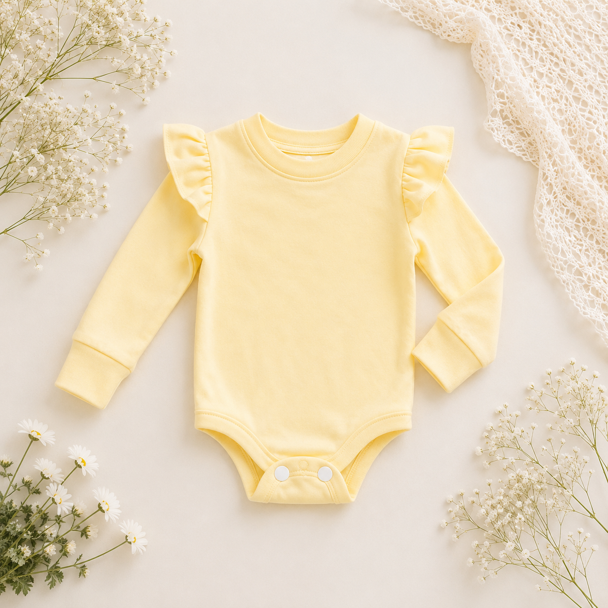 Frilly long sleeve Onesie - Butter Yellow (Bloomer & Headband sold separately)