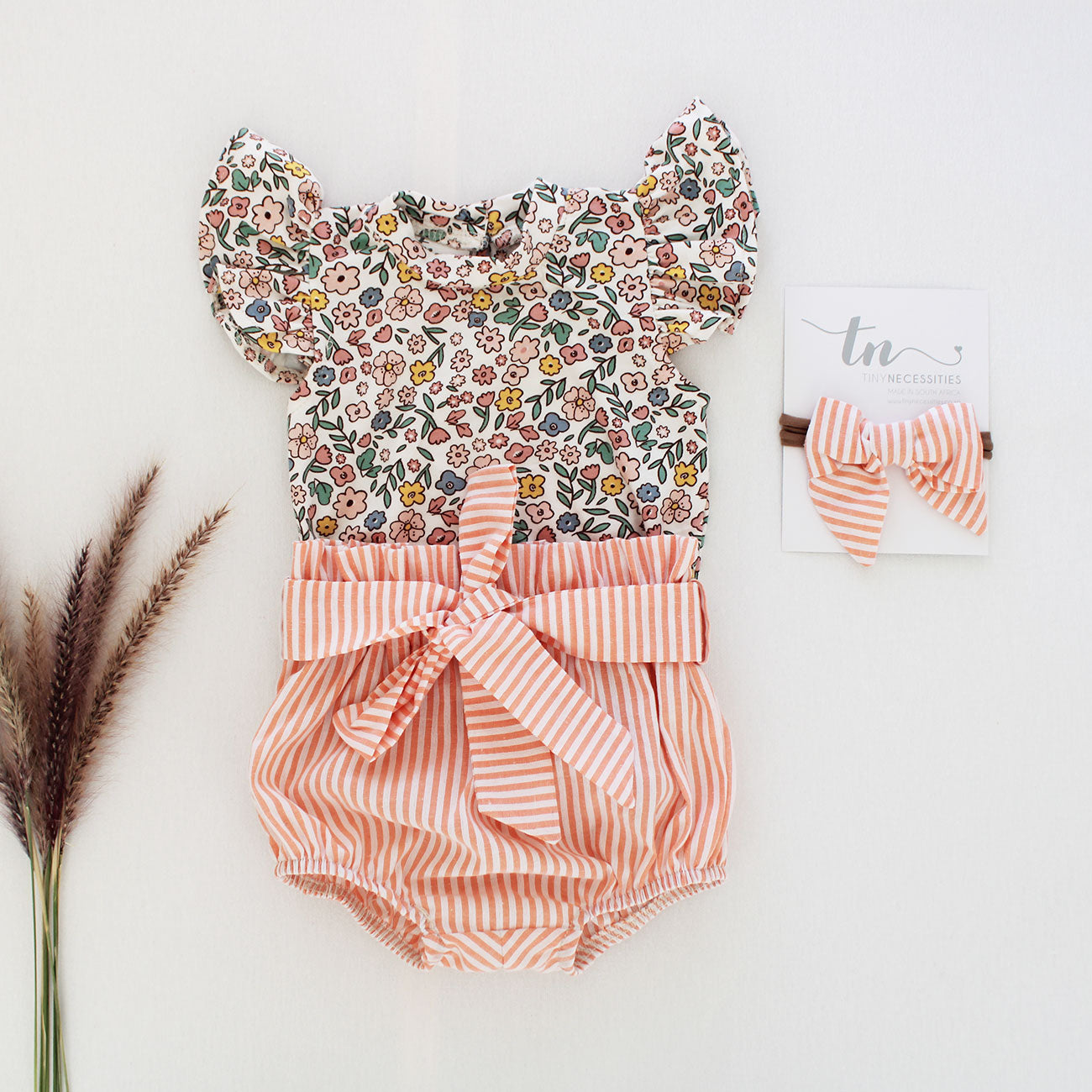 Short sleeve frilly onesie - Floral (bloomer + headband sold separately)