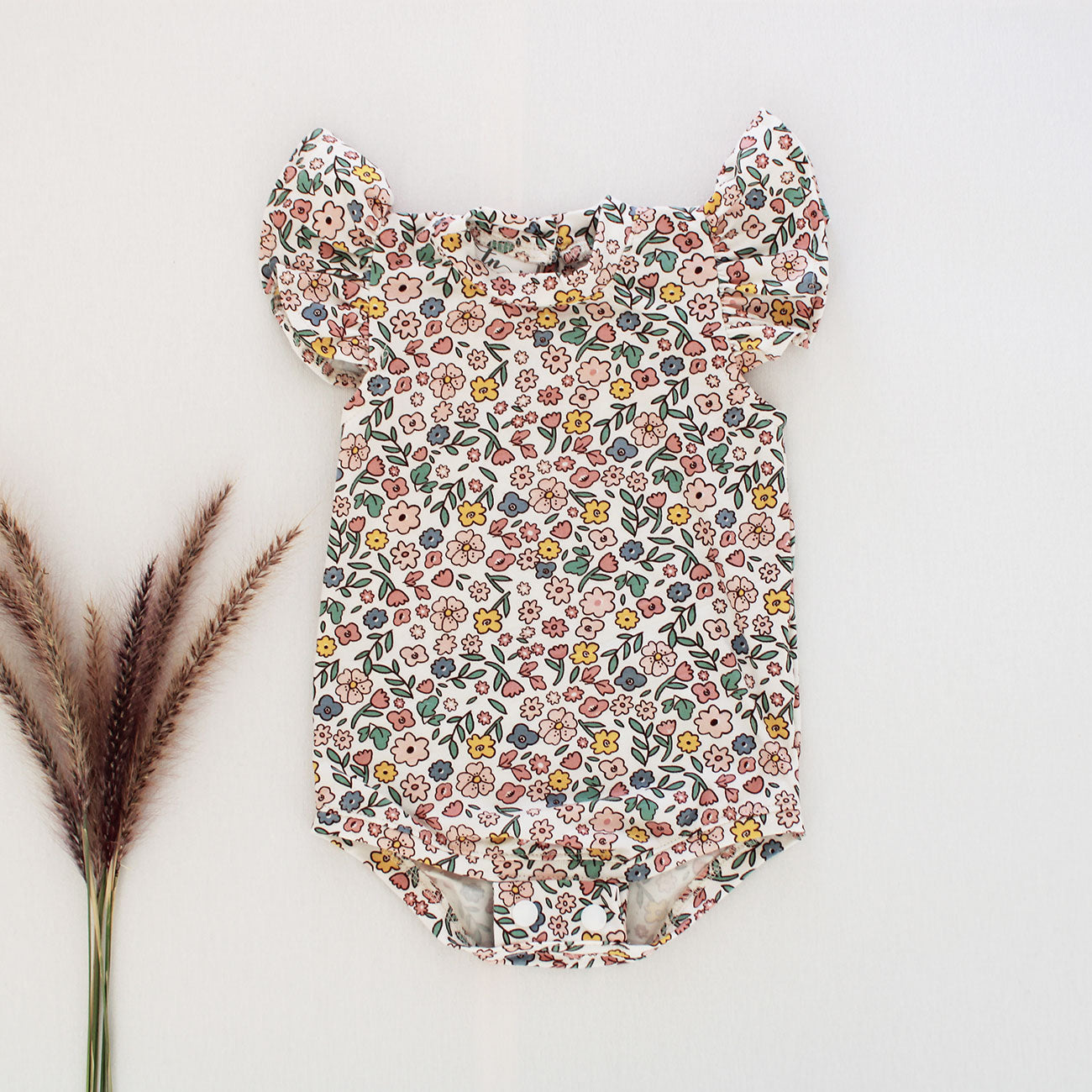 Short sleeve frilly onesie - Floral (bloomer + headband sold separately)