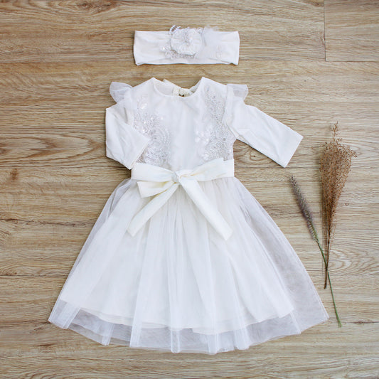 Emily long-sleeve ivory lace dress (headband included)