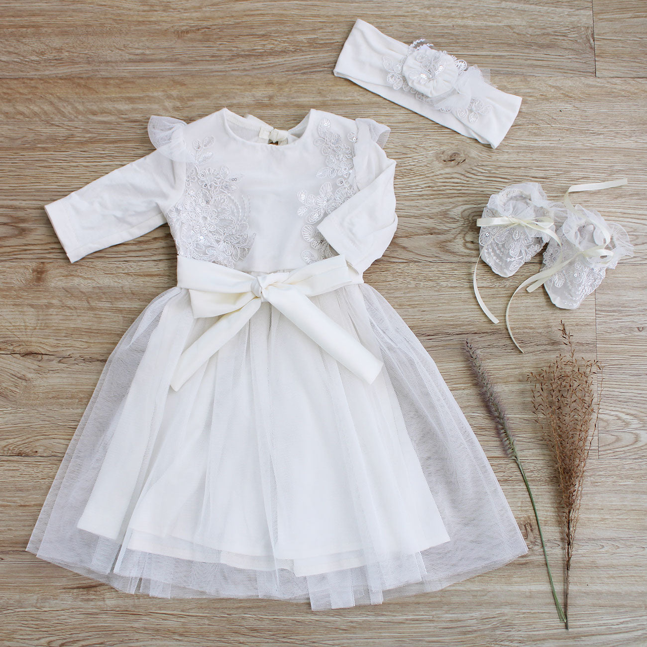 Emily long-sleeve ivory lace dress (headband included)