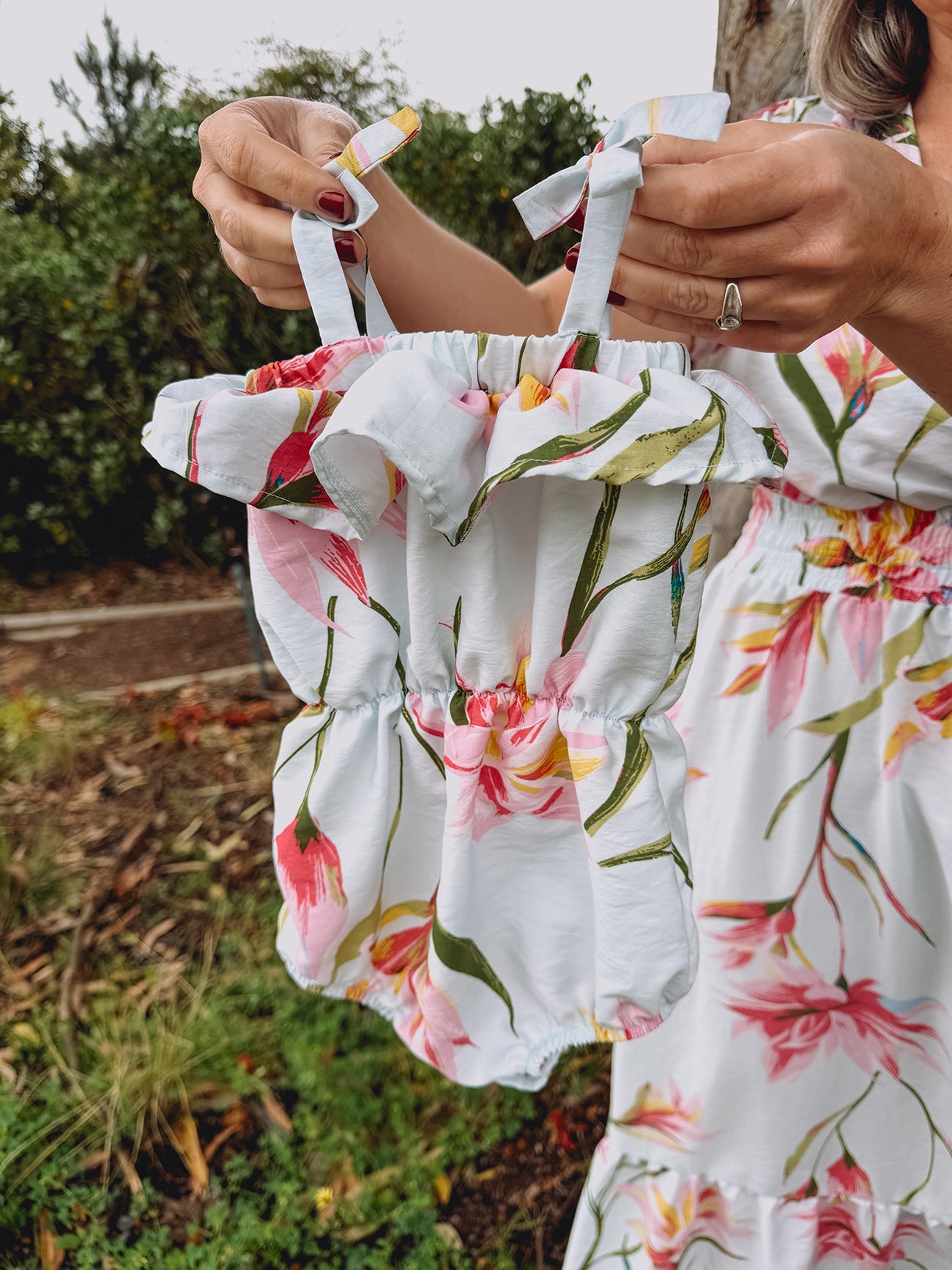 Tie Strap Romper - Powder Blue Fields (headband sold separately)