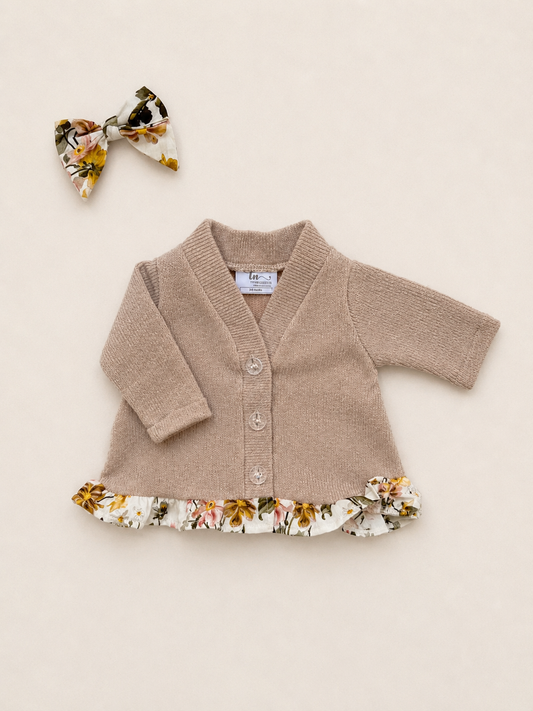 Burnt Sugar Knitted Cardigan with floral frill (onesie + bloomer and accessories sold separately)