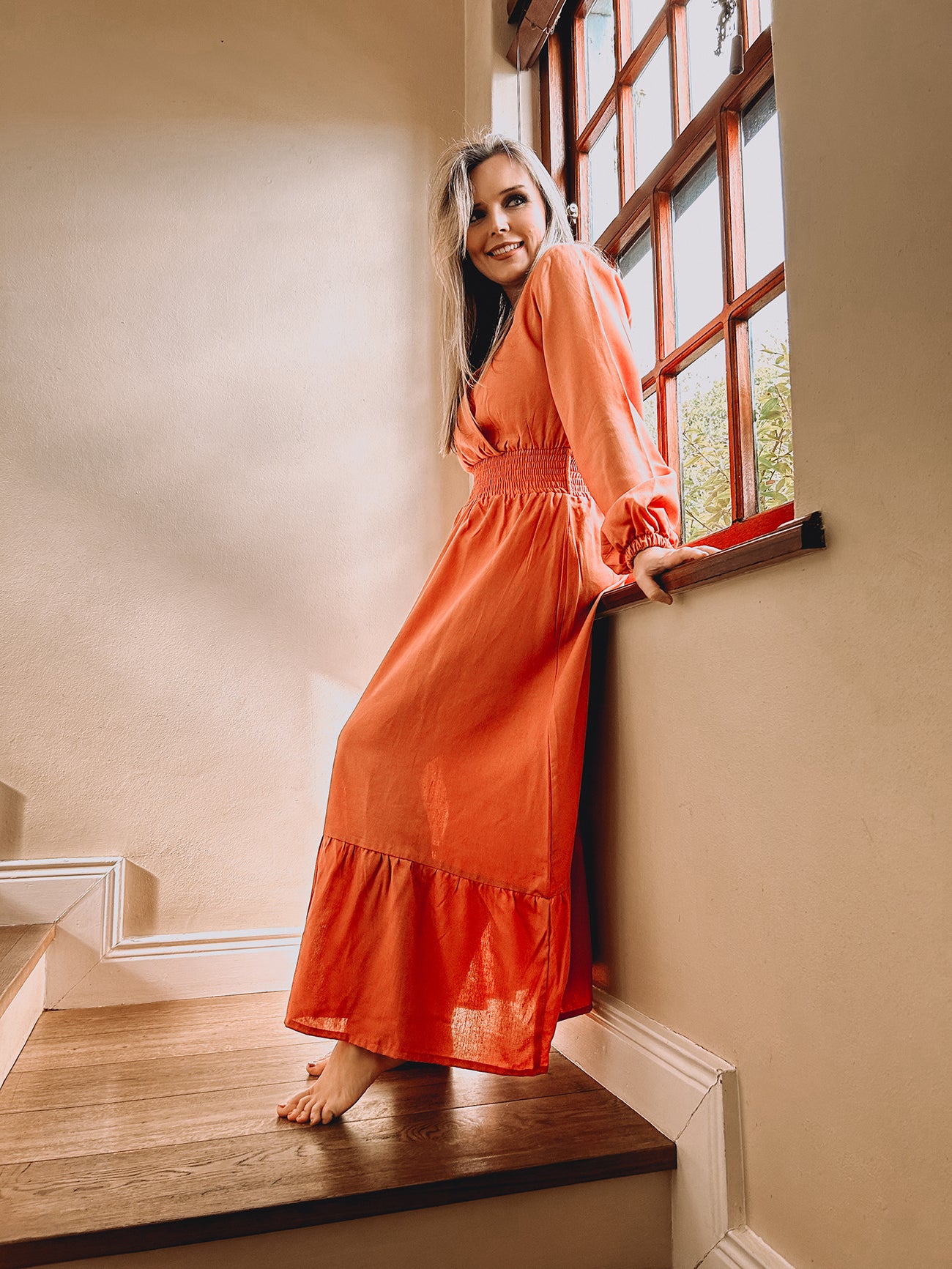 Womens Long Sleeve Maxi Tier Dress - Burnt Apricot