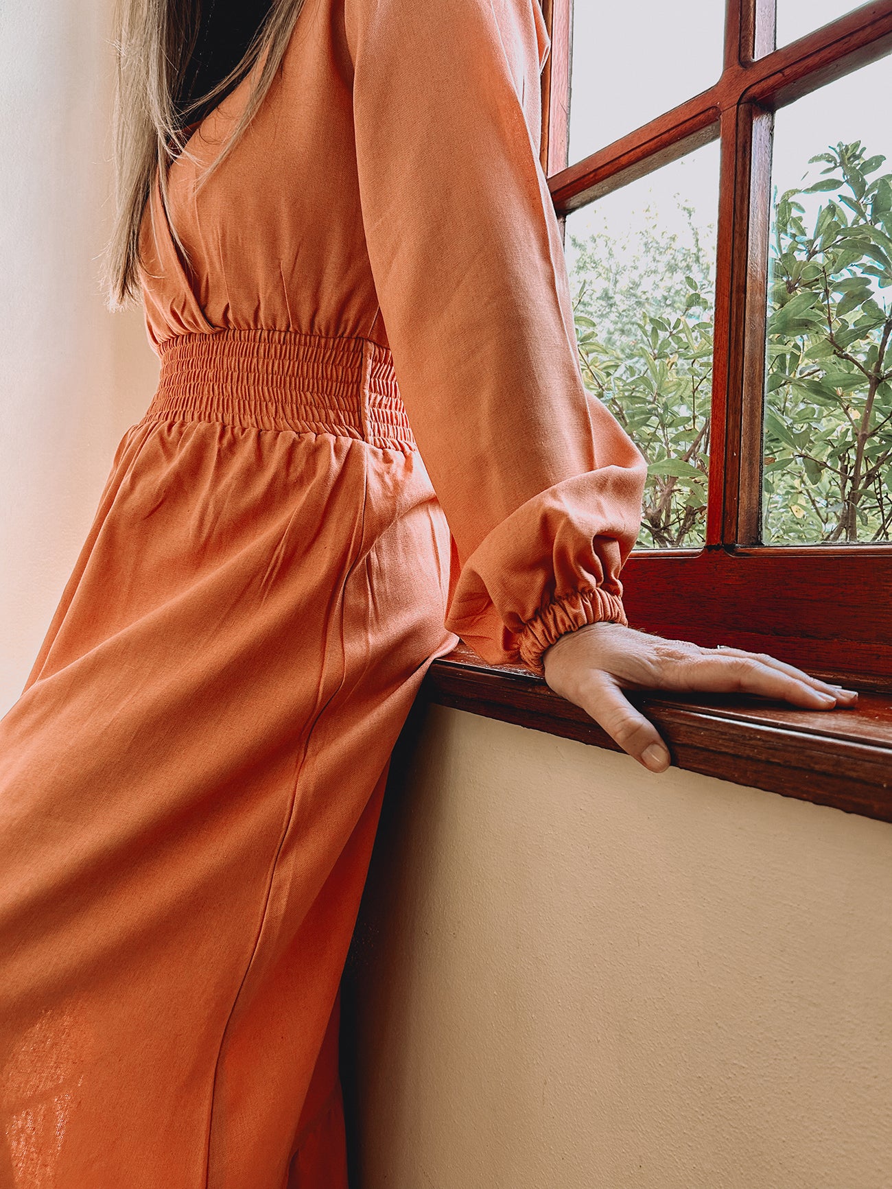Womens Long Sleeve Maxi Tier Dress - Burnt Apricot