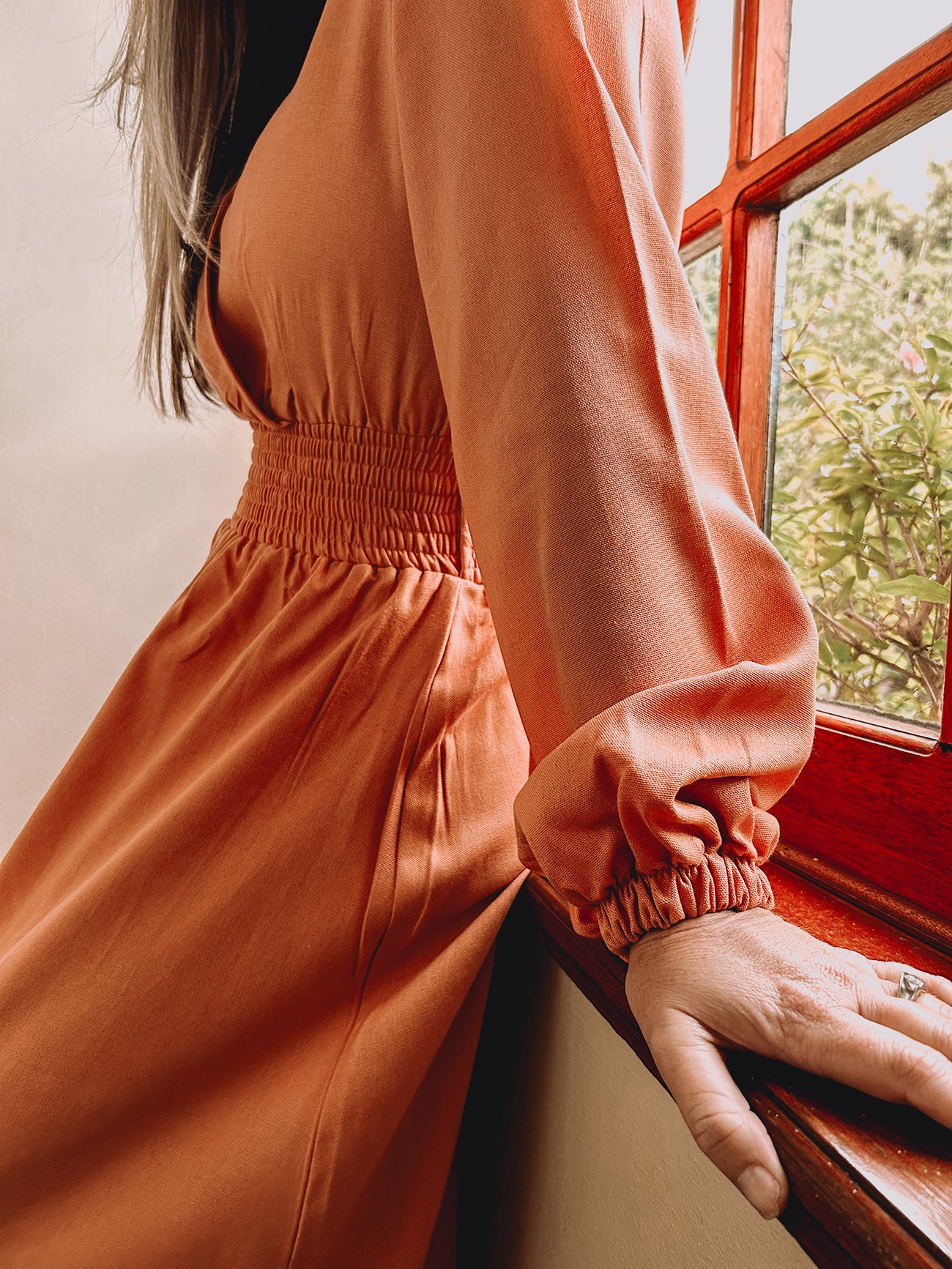 Womens Long Sleeve Maxi Tier Dress - Burnt Apricot