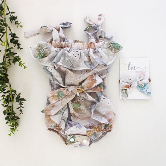 Bubble Tie Strap Romper with Belt - Anglaise Meadow at Dawn (headband sold separately)