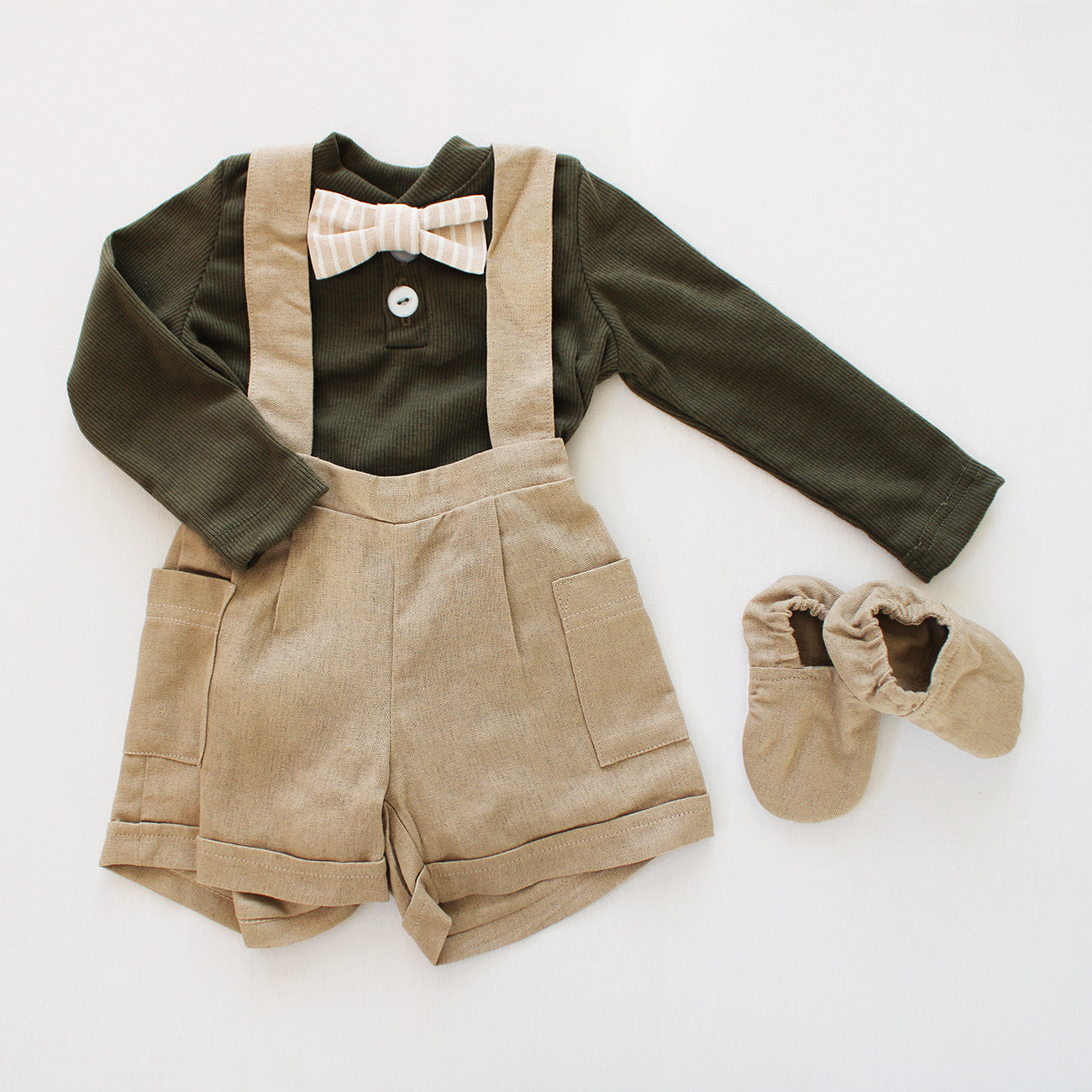 Wheat Harvest Suspender shorts (accessories + onesie sold separately)