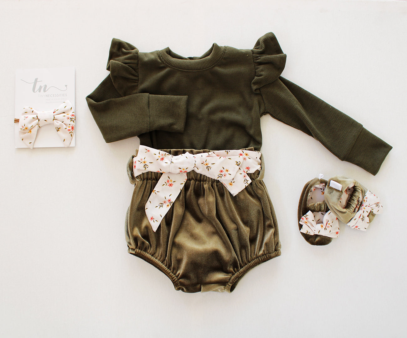 Frilly long sleeve Onesie - Olive Branch (accessories sold separately)