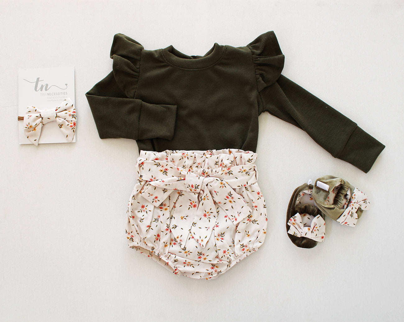 Frilly long sleeve Onesie - Olive Branch (accessories sold separately)