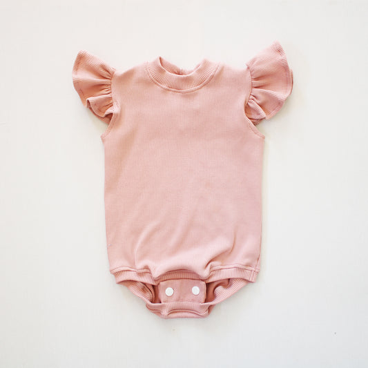 Short Sleeve Frilly Onesie - Blush Rib