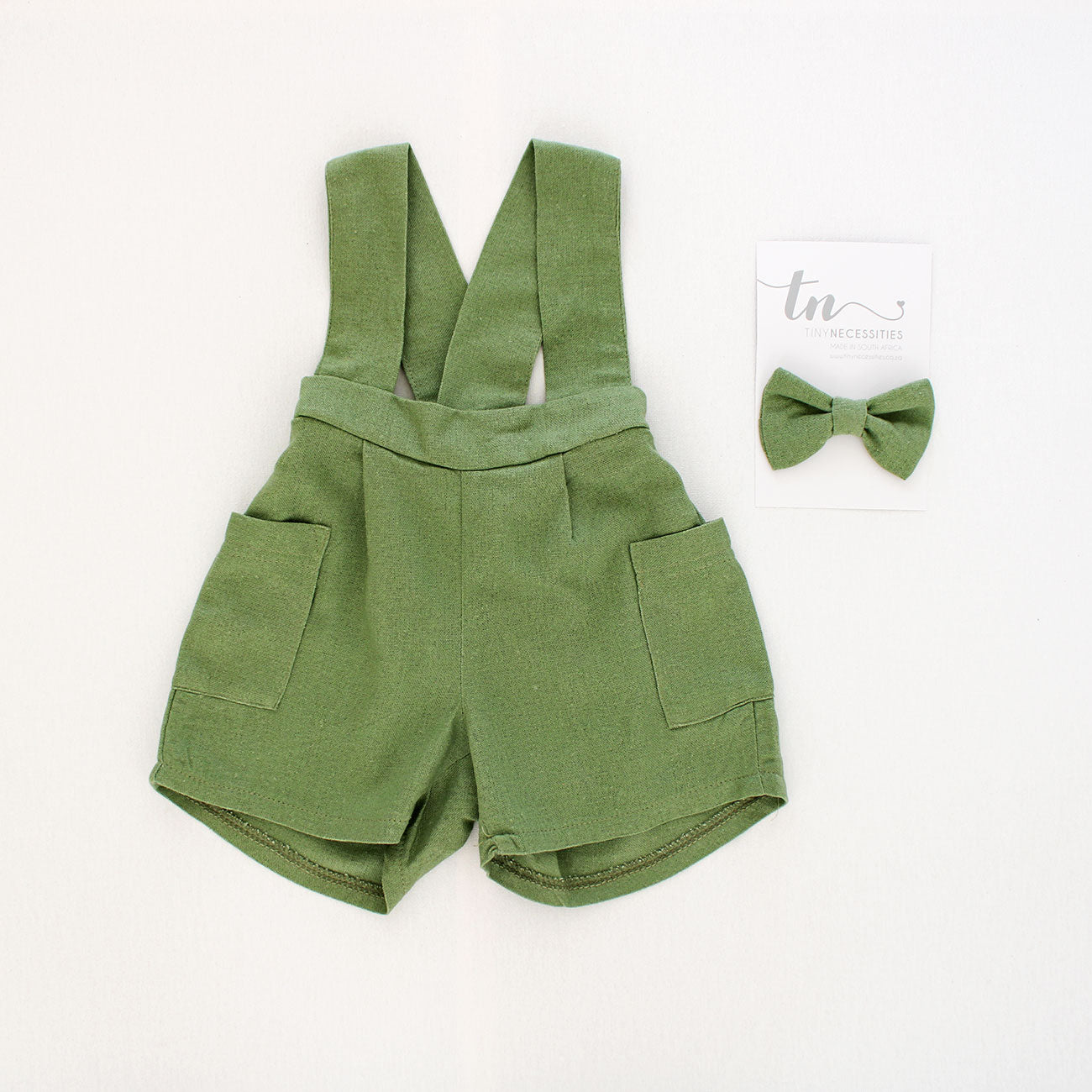 Olive Green Suspender shorts (bow tie + onesie sold separately)