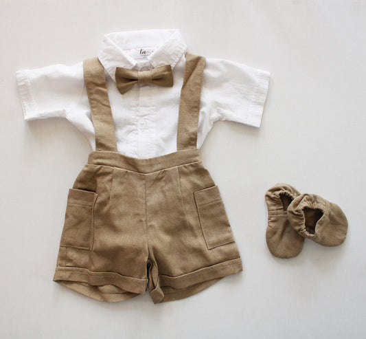 Wheat Harvest Suspender shorts (accessories + onesie sold separately)