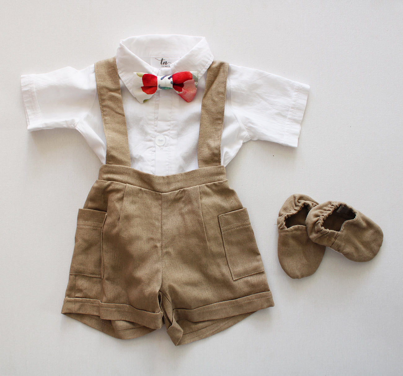 Wheat Harvest Suspender shorts (accessories + onesie sold separately)