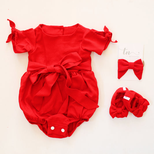 Knotted Sleeve Romper - Forget me not Red (accessories sold separately)