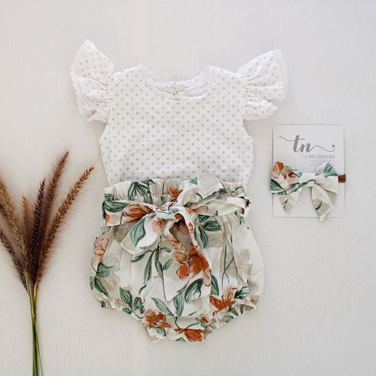 Short sleeve frilly onesie - Ditsy Lace (bloomer + headband sold separately)