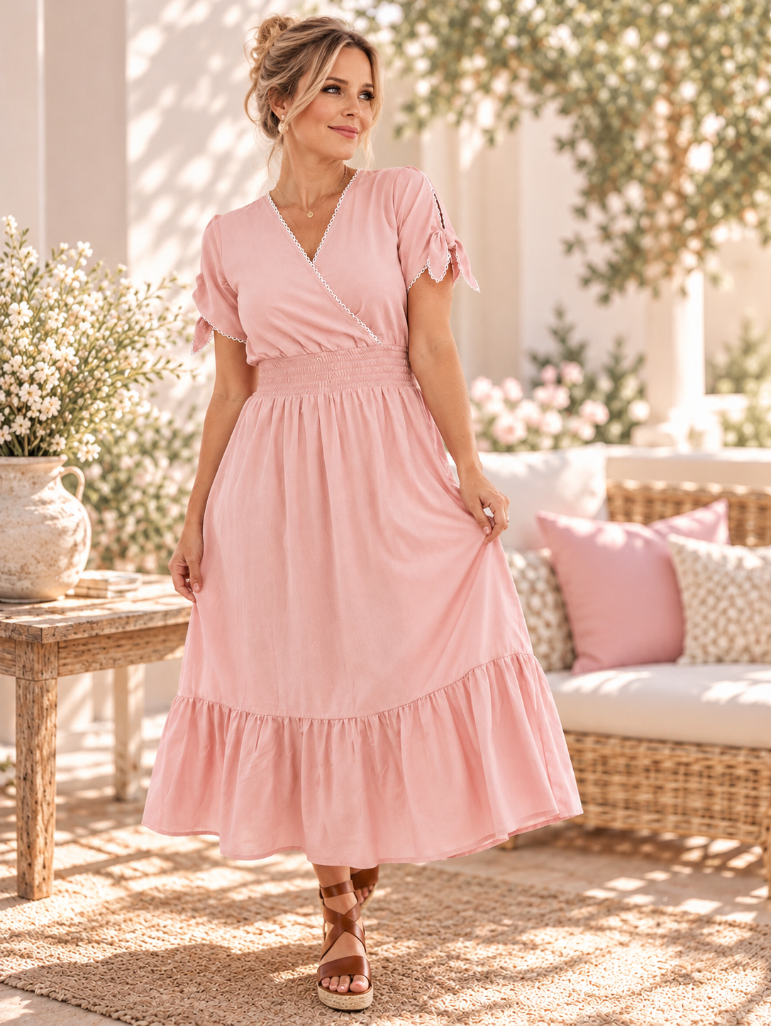 Womens Knotted Lace Short sleeve Maxi Tier Dress - Pearl Pink