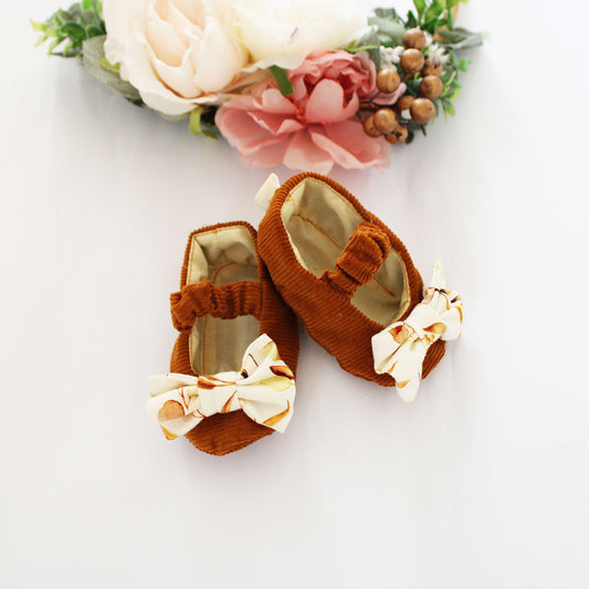 Soft Sole Shoes with bow - Copper Corduroy/Autumn Floral