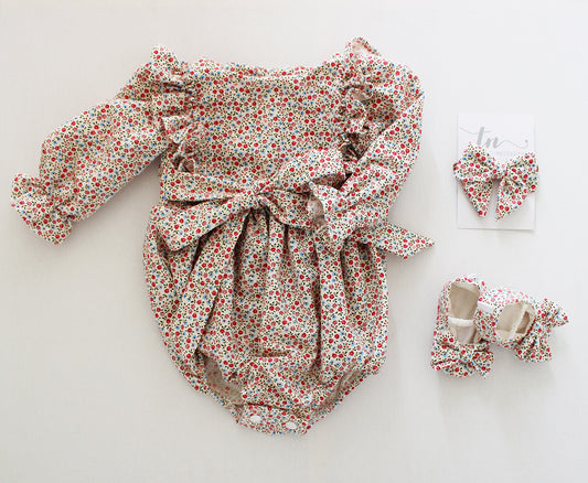 Strawberries and Cream long sleeve Romper (accessories sold separately)