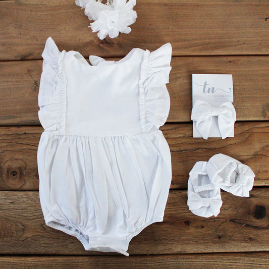 Open Back Frilly Romper - White Linen (accessories sold separately)