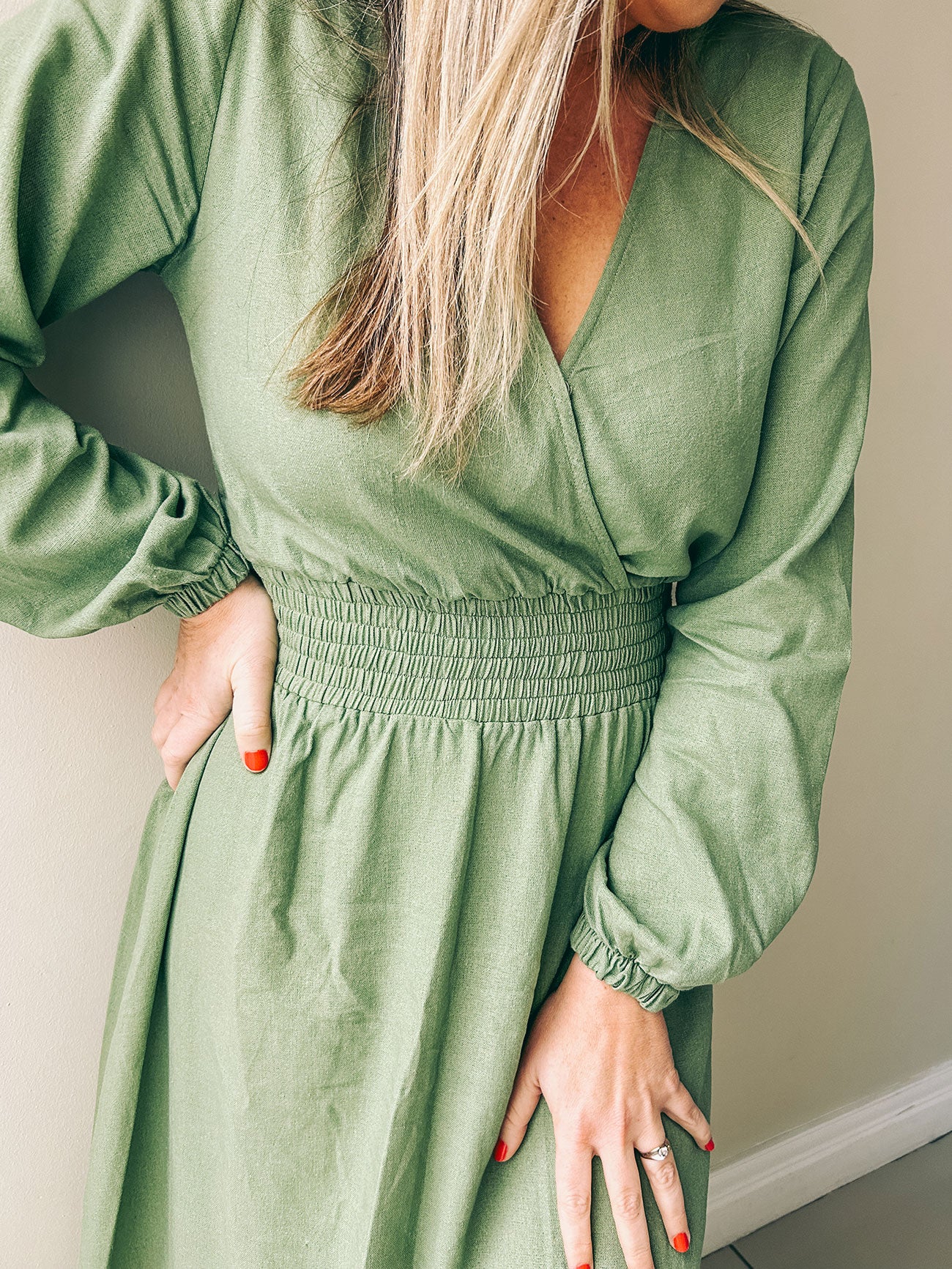 Womens Long Sleeve Maxi Tier Dress - Olive Green
