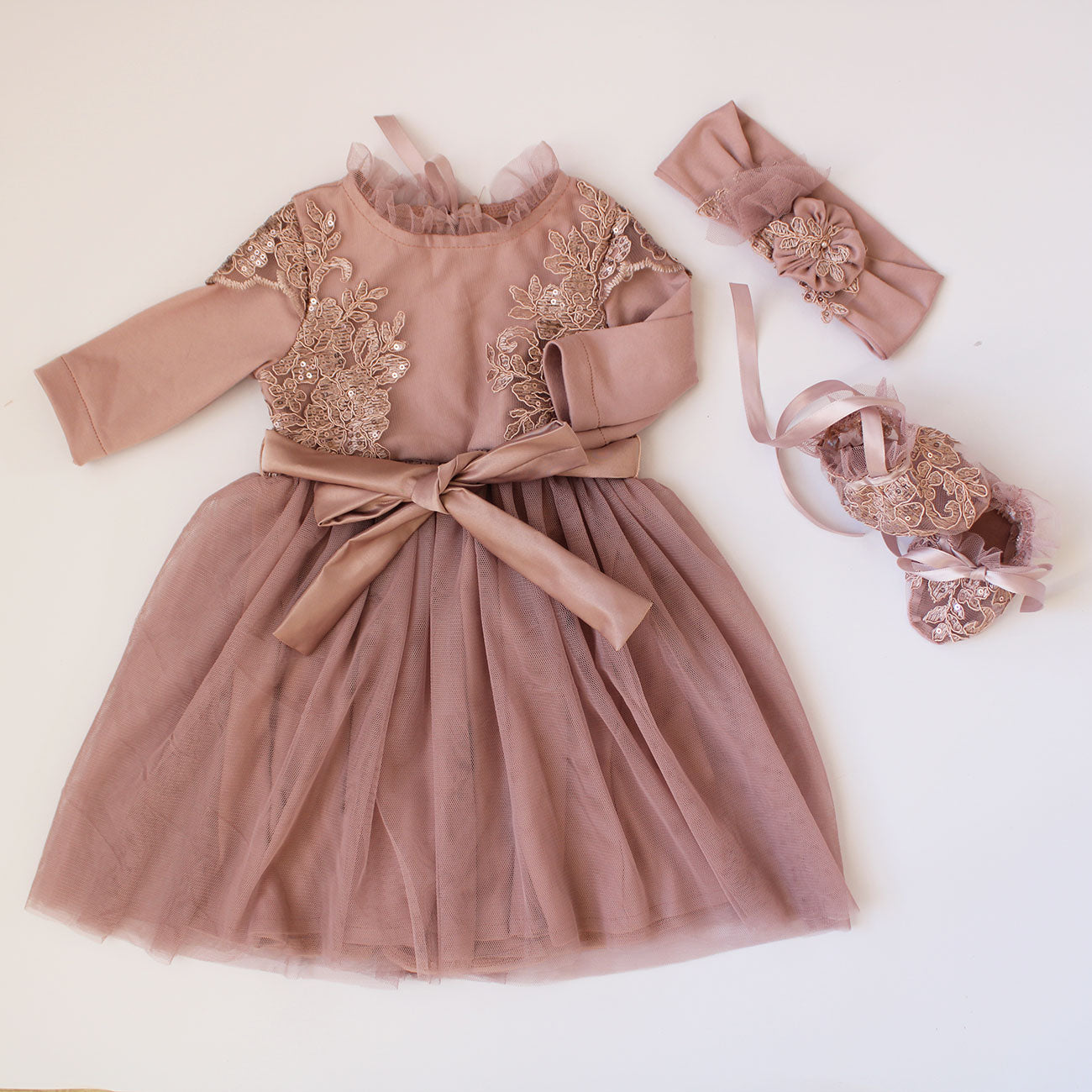 Emily long-sleeve Mauve Pink Lace Dress (headband included) Tiny Necessities South Africa Emily long-sleeve Mauve Pink Lace Dress (headband included) Tiny Necessities South Africa
