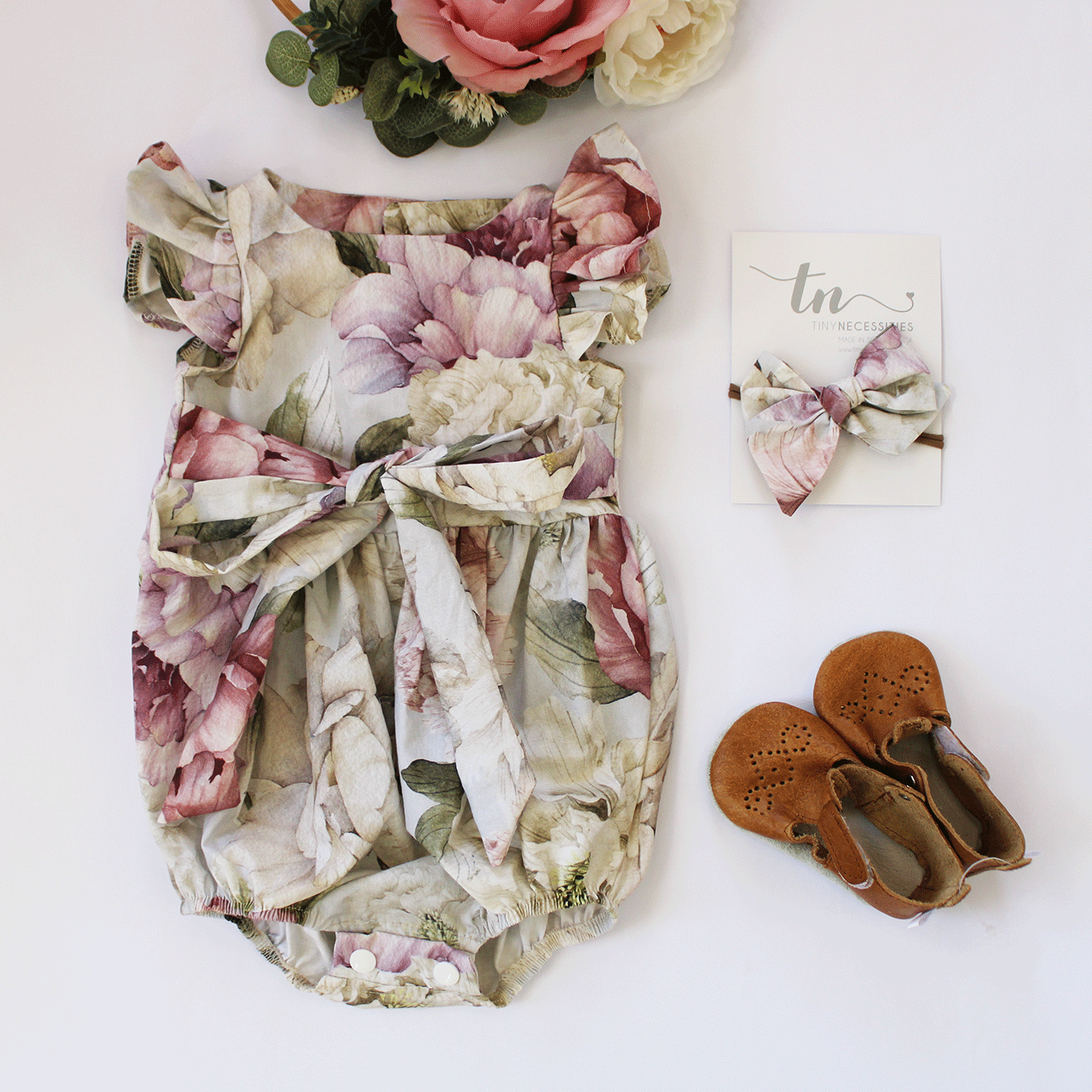 Harper Peonies Floral Romper (headband sold separately)