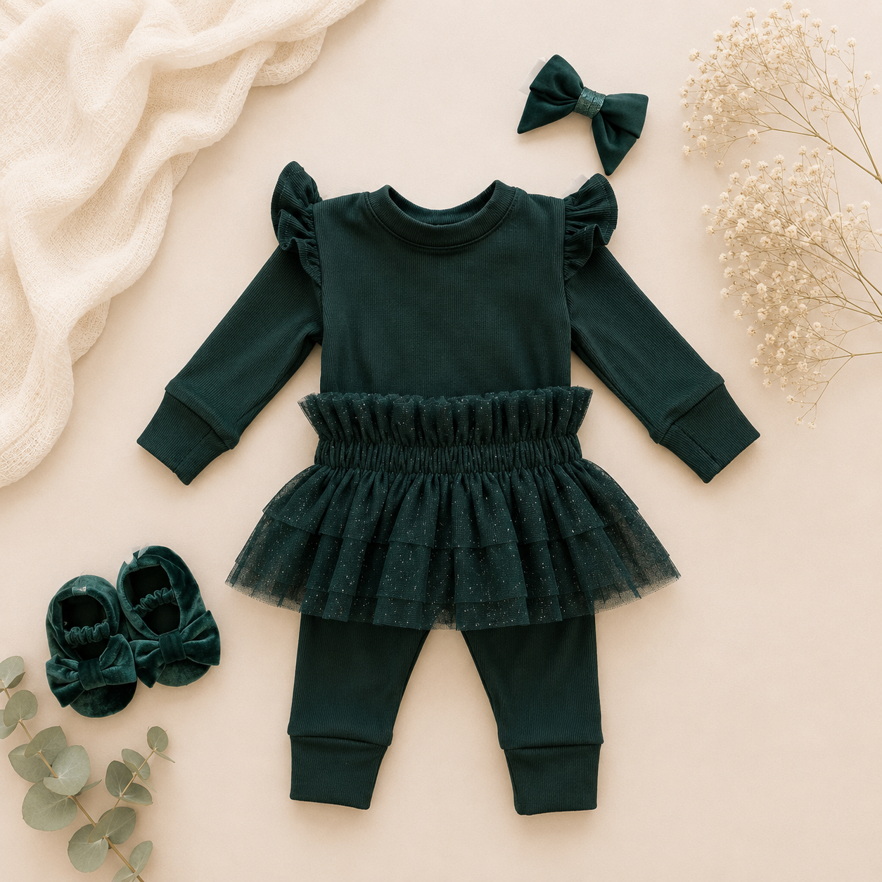 Frilly long sleeve Onesie - Teal (matching items sold separately)