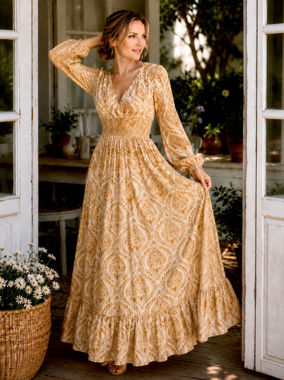 Womens Long Sleeve Maxi Tier Dress - Anthea Rust