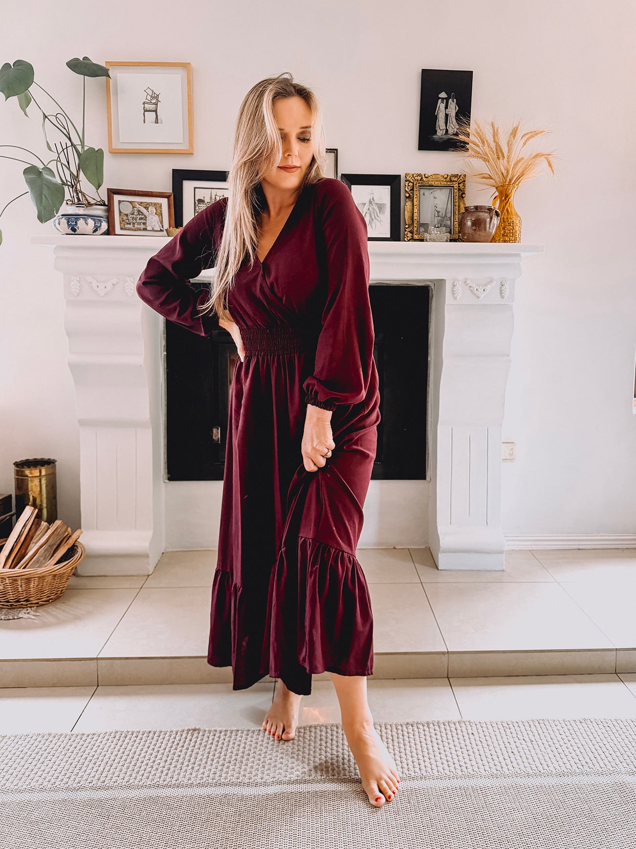 Womens Long Sleeve Maxi Tier Dress - Black Cherry