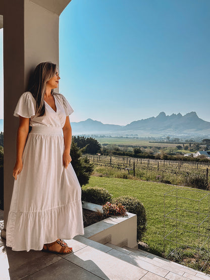 Womens Knotted Sleeve Maxi Tier Dress - White Linen