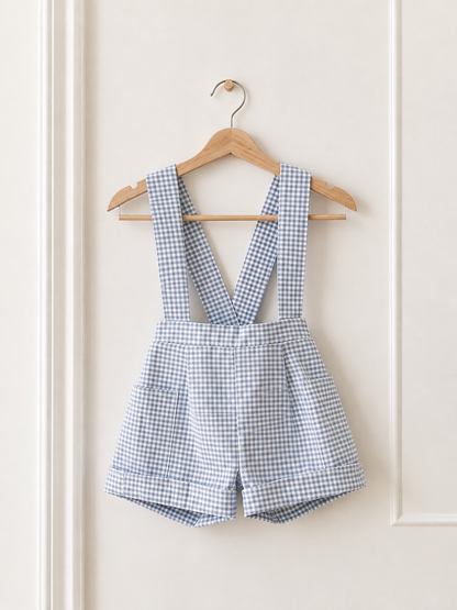 Check Blue/White Suspender shorts (accessories + onesie sold separately)