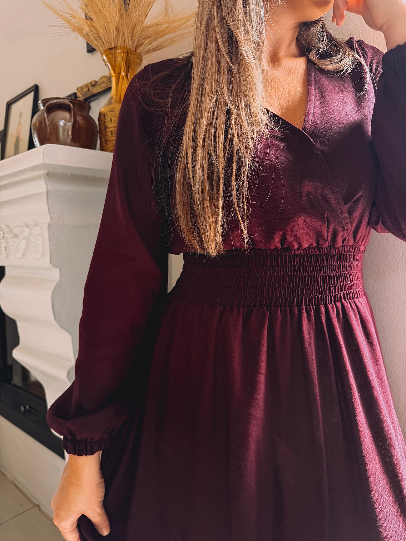 Womens Long Sleeve Maxi Tier Dress - Black Cherry