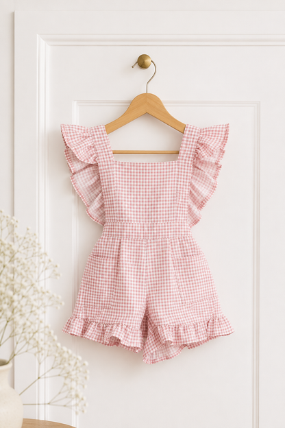 Check Pink/White Frilly Dungaree (onesie + accessories sold separately)