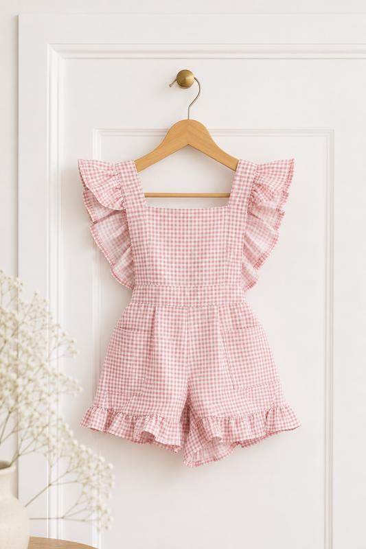 Check Pink/White Frilly Dungaree (onesie + accessories sold separately)