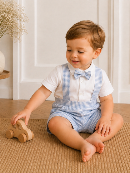 Check Blue/White Suspender shorts (accessories + onesie sold separately)