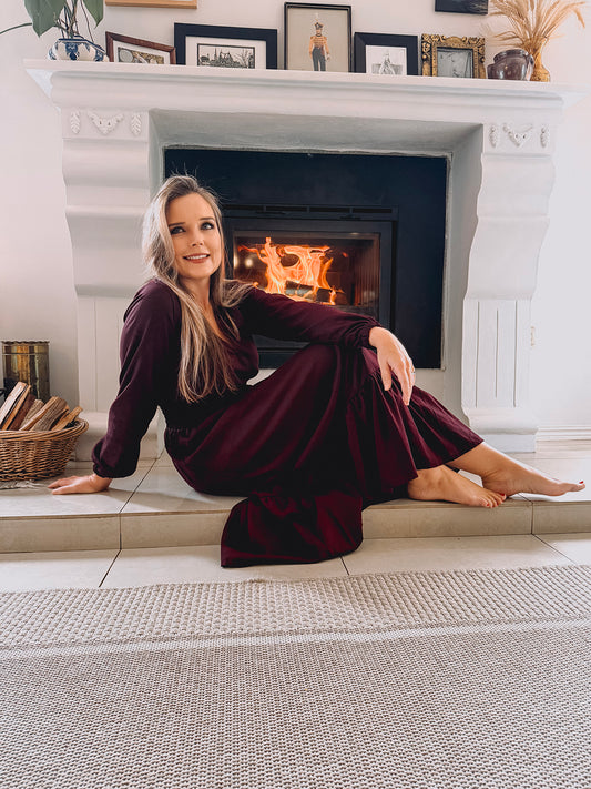 Womens Long Sleeve Maxi Tier Dress - Black Cherry